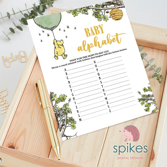 Classic Winnie The Pooh Baby Shower Games - Baby Alphabet -Gender Neutral - Green Balloon