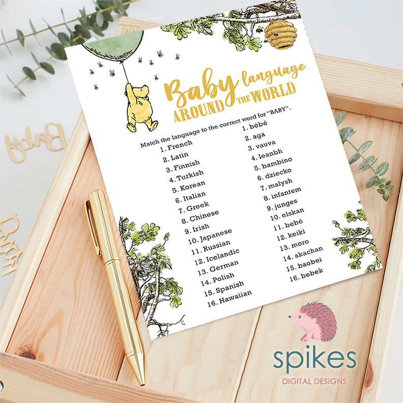 Classic Winnie The Pooh Baby Shower Games - Baby Language Around The World - Gender Neutral - Green Balloon