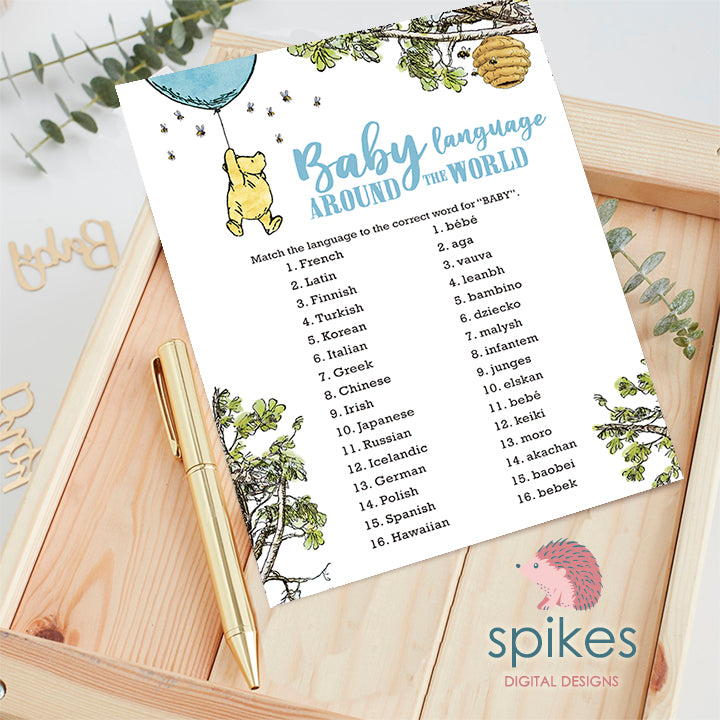 Winnie The Pooh Baby Shower Games - Baby Language Around The World - Blue Balloon