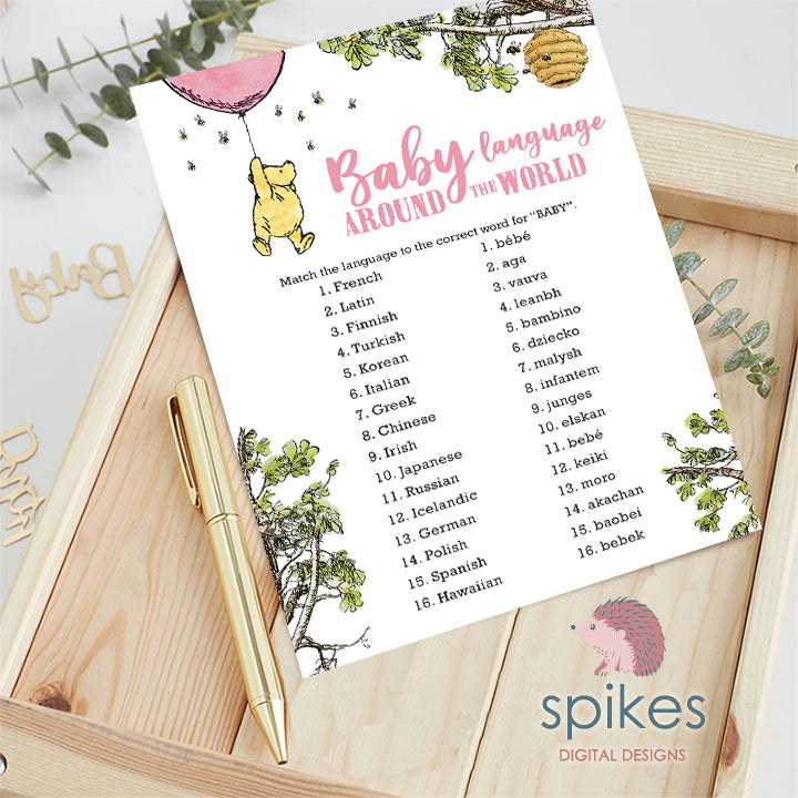 Winnie The Pooh Baby Shower Games - Baby Language Around The World - Pink Balloon