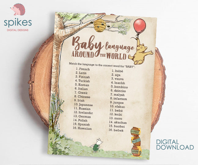 Classic Winnie The Pooh Baby Shower Games - Baby Language Around The World - Instant Download