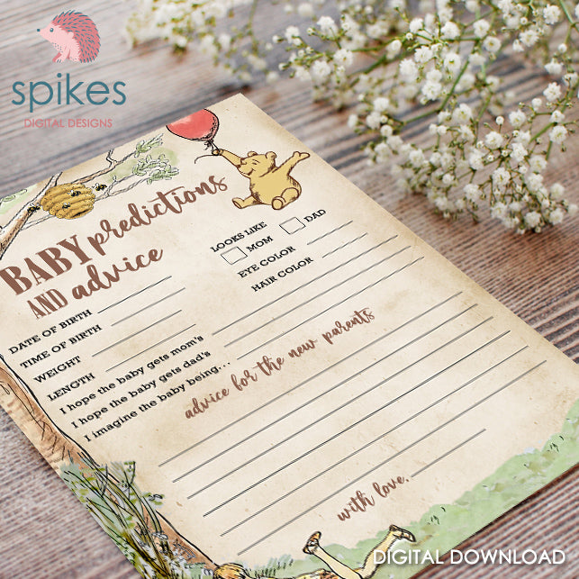 Classic Winnie The Pooh Baby Shower Games - Baby Predictions and Advice to New Parents - Instant Download