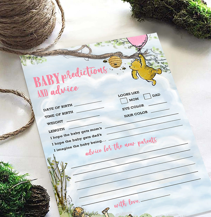 Classic Winnie The Pooh Baby Shower Games - Baby Predictions and Advice to New Parents - Pink For Girls