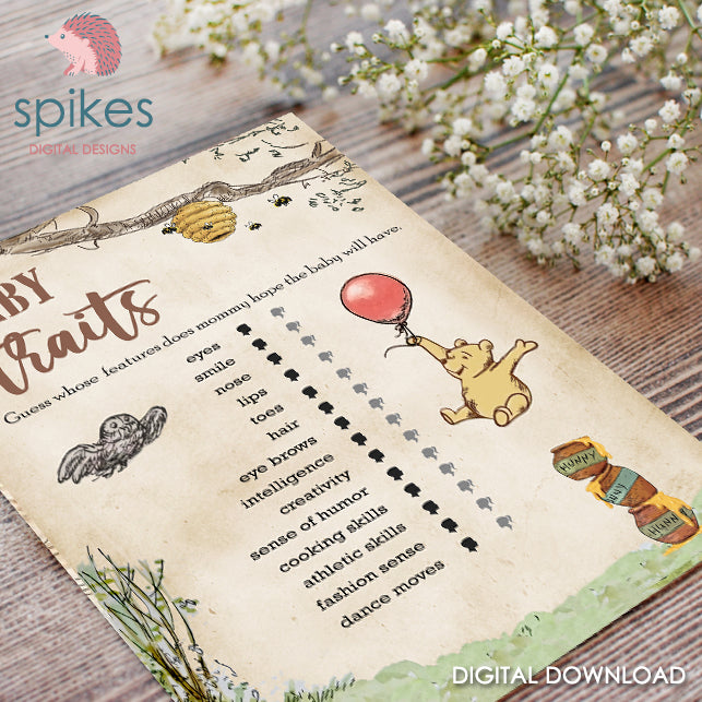Classic Winnie The Pooh Baby Shower Games - Baby Traits and Features - Instant Download