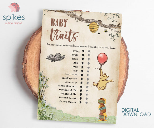 Classic Winnie The Pooh Baby Shower Games - Baby Traits and Features - Instant Download