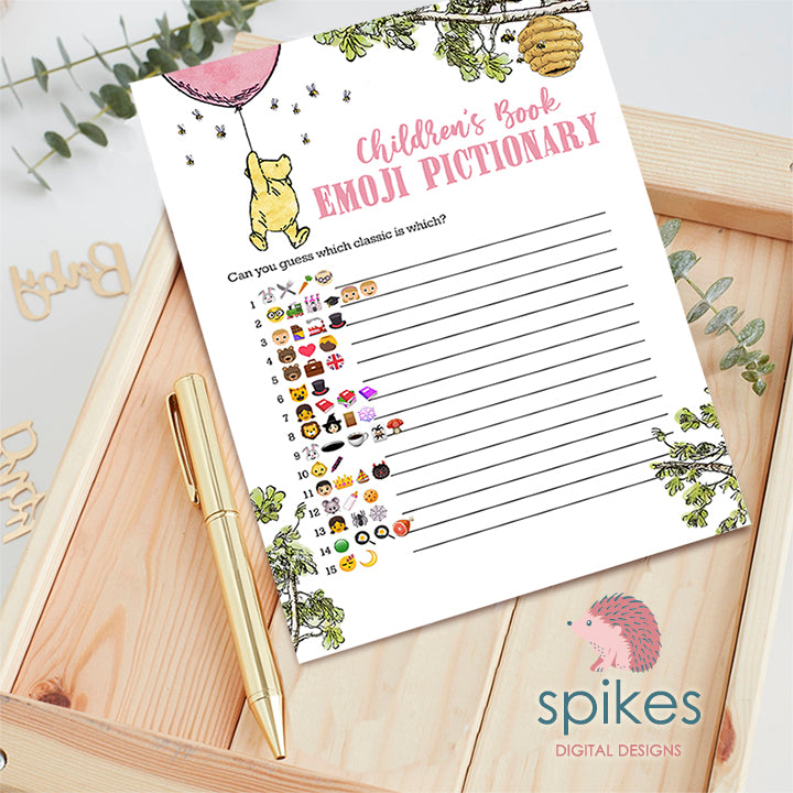Classic Winnie The Pooh Baby Shower Games - Emoji Emojis Pictionary Card - Pink Balloon