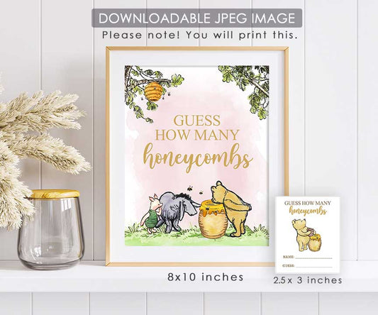 Guess How Many Honeycombs Table Sign with Answer Cards - Classic Winnie The Pooh Party Sign