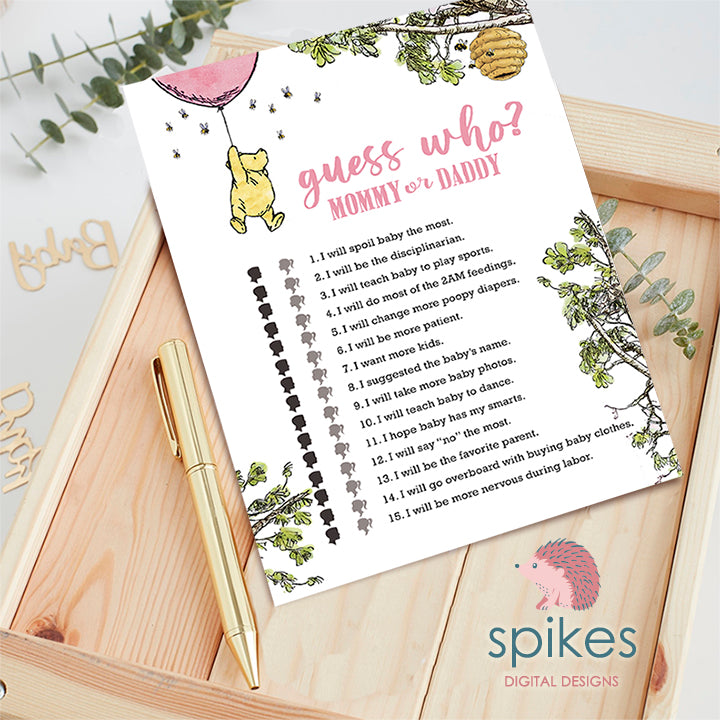 Copy of Classic Winnie The Pooh Baby Shower Games - Guess Who Mommy Or Daddy - Pink Balloon