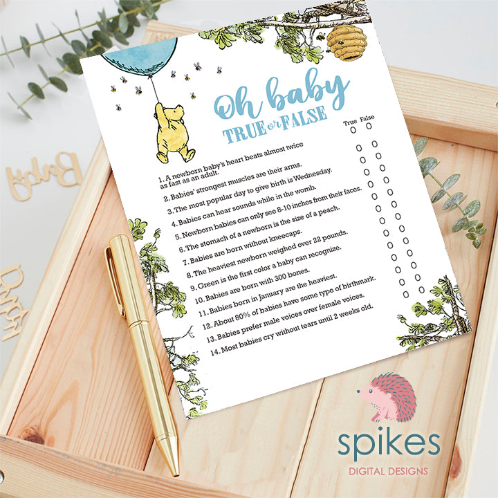 Classic Winnie The Pooh Baby Shower Games - Oh Baby True or False - Blue Balloon