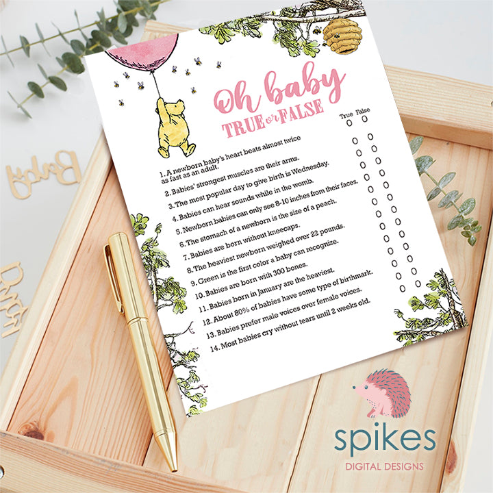 Classic Winnie The Pooh Baby Shower Games - Oh Baby True or False - Pink Balloon
