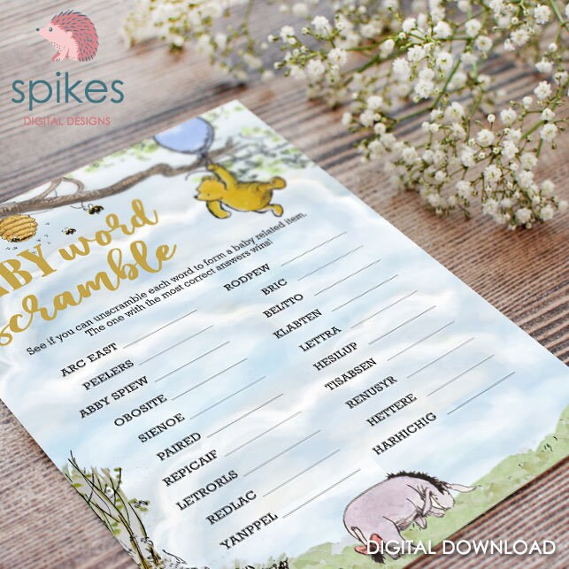 Classic Winnie The Pooh Baby Shower Games - Baby Word Scramble Alphabet - Instant Download - spikes.digitalshop