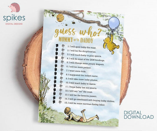 Classic Winnie The Pooh Baby Shower Games - Guess Who Mommy Or Daddy - Instant Download - spikes.digitalshop