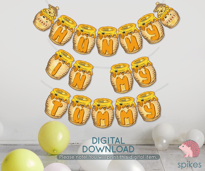 Hunny In My Tummy Baby Shower Banner Garland/ Instant Download / Non-Editable PDF/ Classic Winnie The Pooh Honey Pot Decoration - spikes.digitalshop