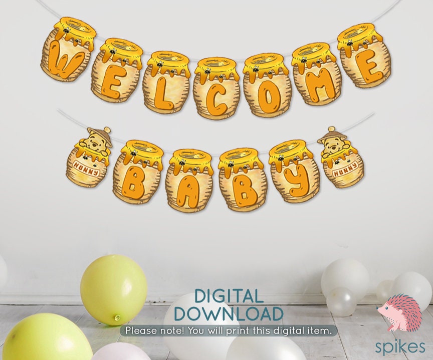 Welcome Baby / Baby Shower Banner Garland / Instant Download / Non-Editable PDF/ Classic Winnie The Pooh Honey Pot Decoration