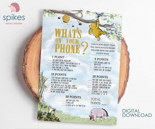 Classic Winnie The Pooh Baby Shower Games - What's On Your Phone - Instant Download