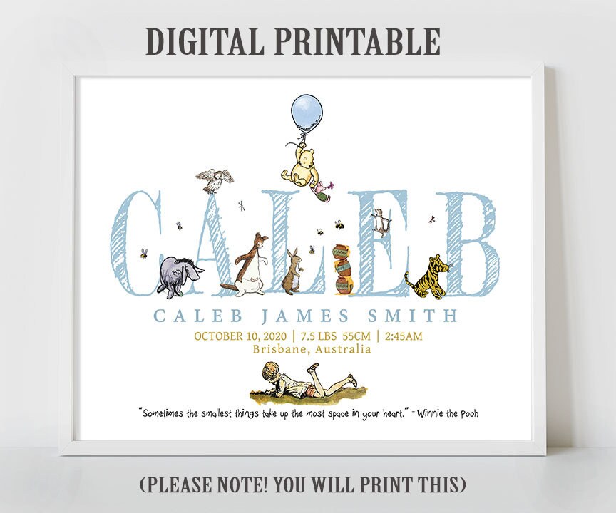 Personalised Digital Birth Announcement - Classic Winnie The Pooh, name, nursery decor, children's bedroom, wall art, baby gift, birth stats