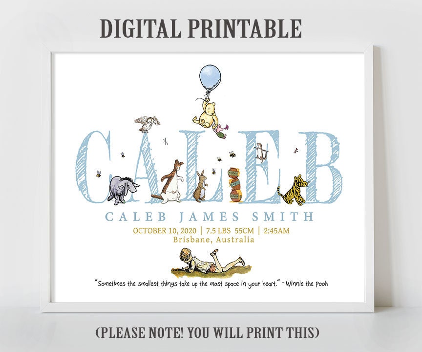 Personalised Digital Birth Announcement - Classic Winnie The Pooh, name, nursery decor, children's bedroom, wall art, baby gift, birth stats
