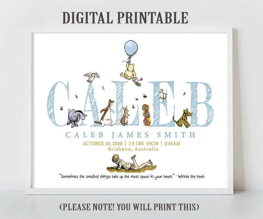 Personalised Digital Birth Announcement - Classic Winnie The Pooh, name, nursery decor, children's bedroom, wall art, baby gift, birth stats