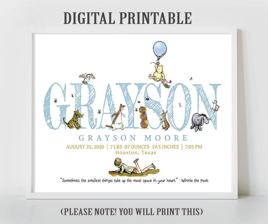 Personalised Digital Birth Announcement - Classic Winnie The Pooh, name, nursery decor, children's bedroom, wall art, baby gift, birth stats