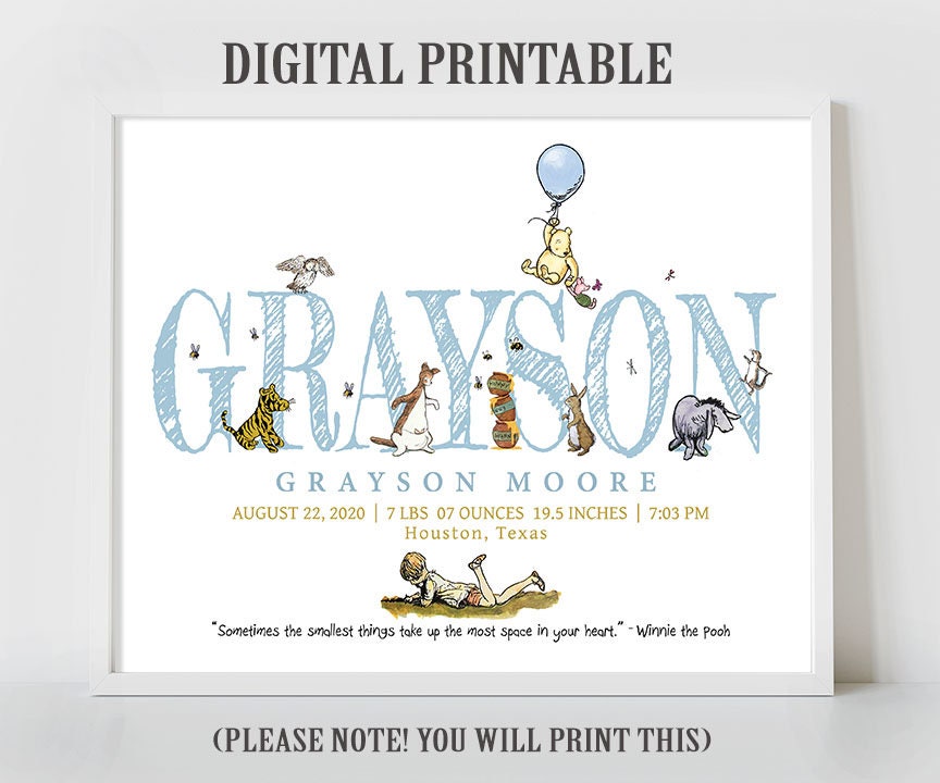 Personalised Digital Birth Announcement - Classic Winnie The Pooh, name, nursery decor, children's bedroom, wall art, baby gift, birth stats