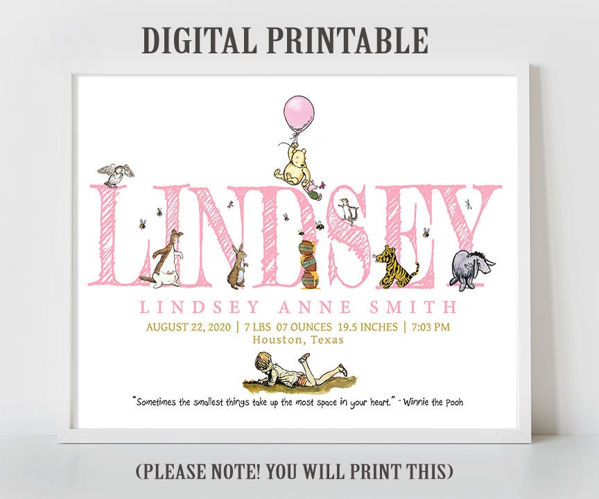 Personalised Digital Birth Announcement - Classic Winnie The Pooh, name, nursery decor, children's bedroom, wall art, baby gift, birth stats