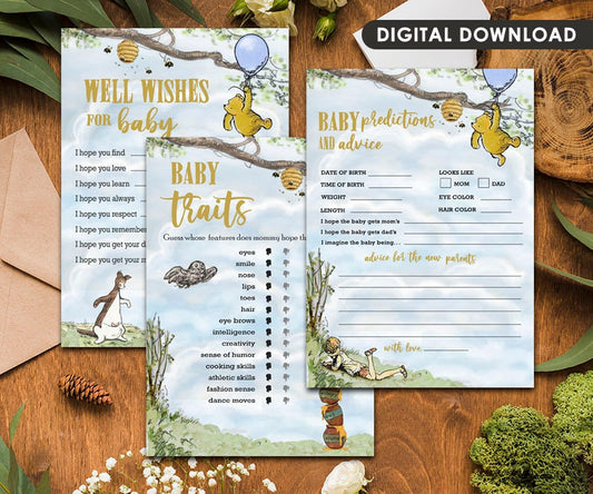 Set of Three (3) Cards Bundle / Classic Winnie The Pooh Baby Shower Games Bundle/Well Wishes Message/Baby Predictions and Advice/Baby Traits