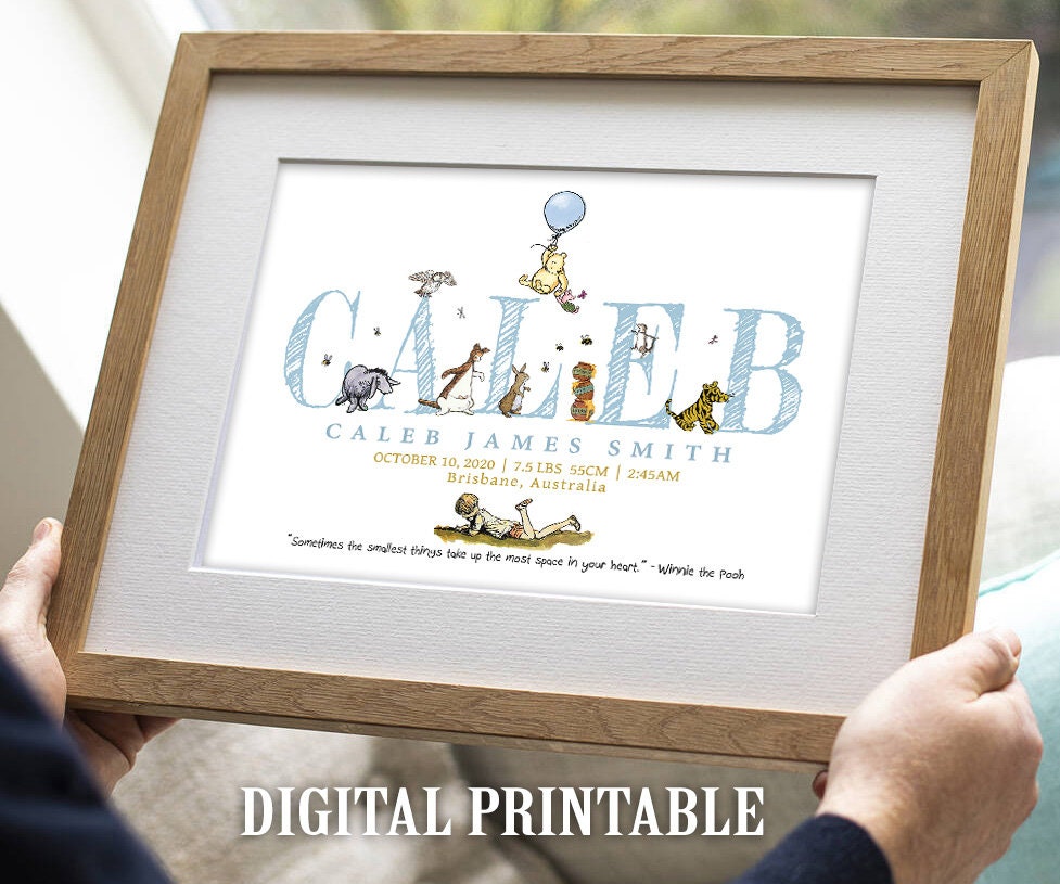 Personalised Digital Birth Announcement - Classic Winnie The Pooh, name, nursery decor, children's bedroom, wall art, baby gift, birth stats