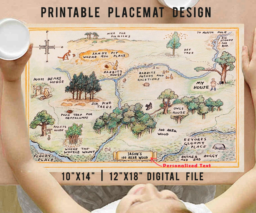 Printable Placemat 100 Aker Wood Map 12"x18" or 10"x14" Cutout /Personalized/PDF Format /Classic Winnie The Pooh Party Table Decoration Centerpiece - spikes.digitalshop