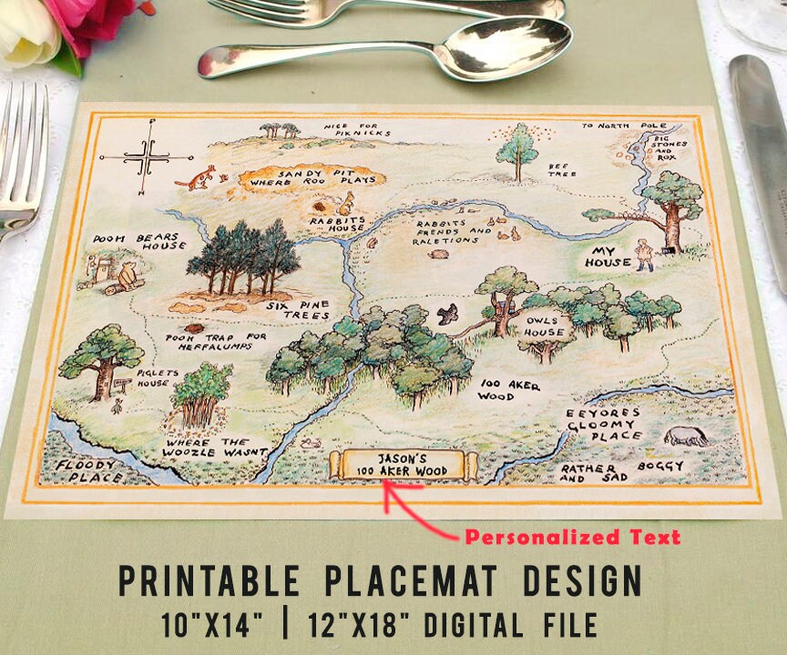 Printable Placemat 100 Aker Wood Map 12"x18" or 10"x14" Cutout /Personalized/PDF Format /Classic Winnie The Pooh Party Table Decoration Centerpiece - spikes.digitalshop