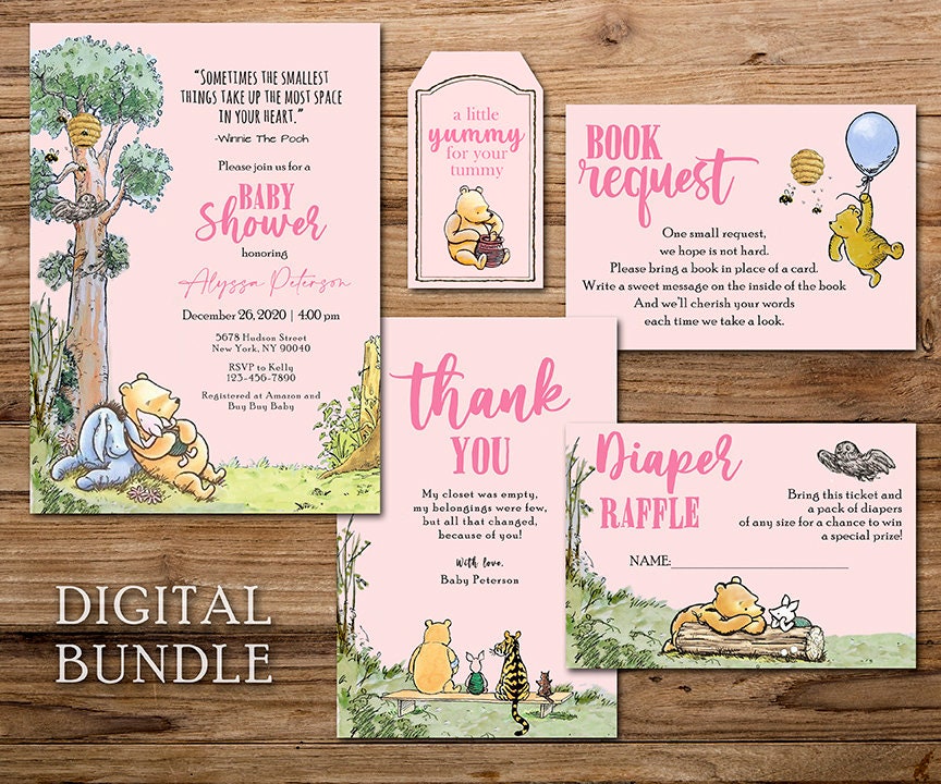 Classic Winnie The Pooh Invitation Card, Thank You Card, Diaper Raffle, Book Request Insert /Personalized/Bundle Pack/ Party Set Package - spikes.digitalshop