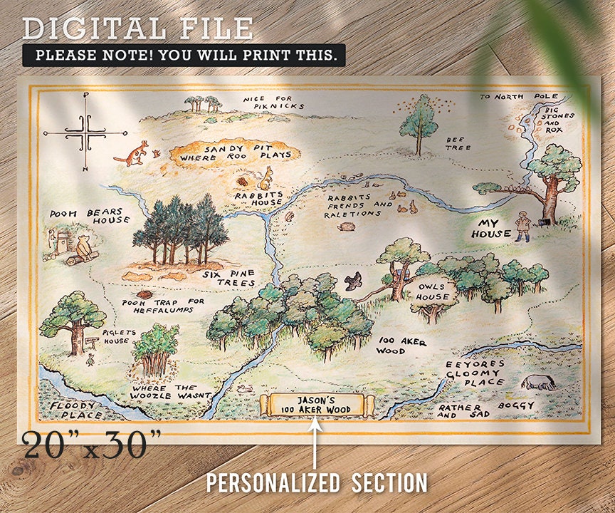 100 Hundred Aker Wood Map Poster Backdrop 20"x30" / Personalized Digital File/ PDF Format / Classic Winnie The Pooh Decoration