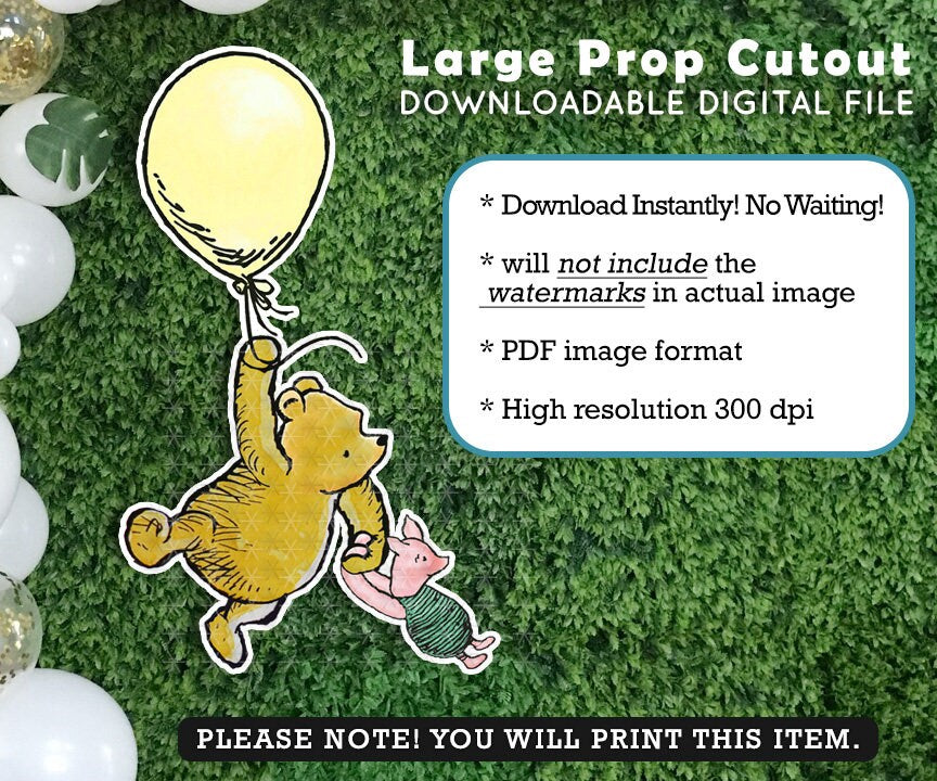 Classic Winnie The Pooh and Piglet Flying Balloon/ Printable Large Cutout Die Cut Prop / Stand Up Standee Decoration / Digital Download