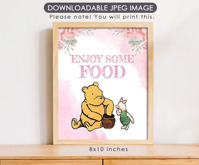 Classic Winnie The Pooh Table Signs Pink Floral Bundle Pack for Birthday or Baby Shower Party - spikes.digitalshop