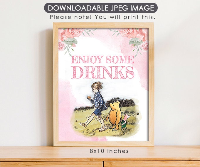Classic Winnie The Pooh Table Signs Pink Floral Bundle Pack for Birthday or Baby Shower Party - spikes.digitalshop