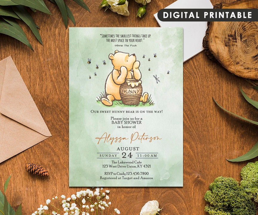Classic Winnie The Pooh Baby Shower Invitation Card for Gender Neutral / Pooh and Hunny Jar / Personalized / Digital Only