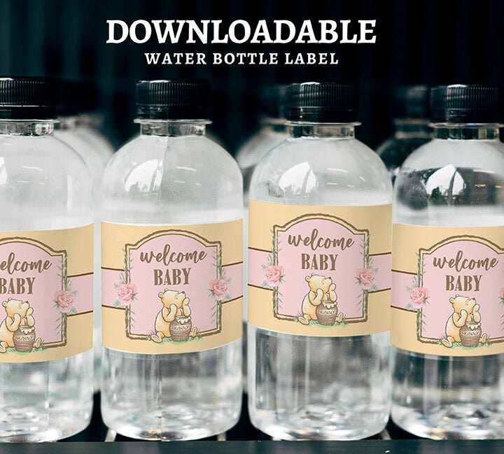 Printable Water Bottle Label Tag / Classic Winnie The Pooh Baby Shower Pink Floral Girl /Download in Seconds!/Instant Download