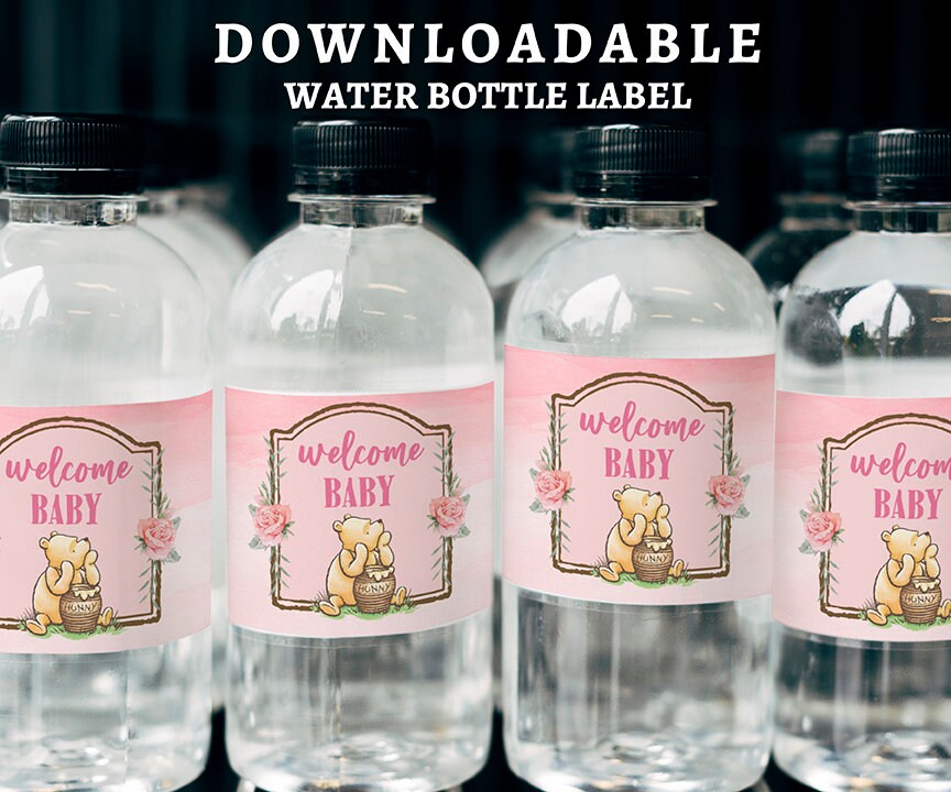 Printable Water Bottle Label Tag / Classic Winnie The Pooh Baby Shower Girl Pink /Download in Seconds!/Instant Download