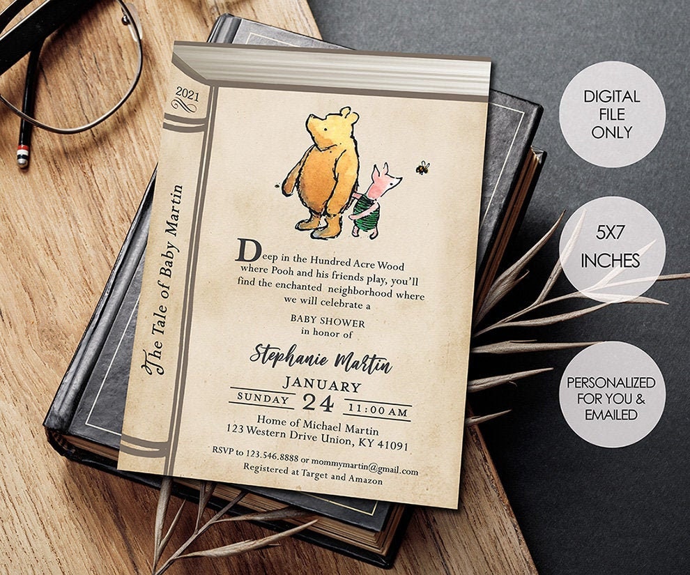 Classic Winnie The Pooh Invitation Card Story Book Themed