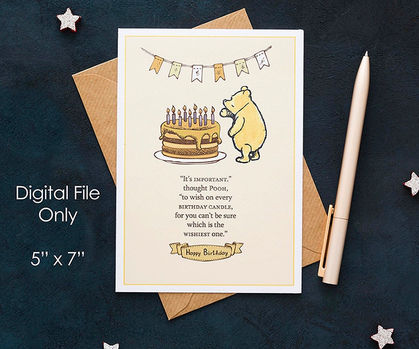 Downloadable Digital Birthday Card / Classic Winnie The Pooh / 5x7 inches Flat Card