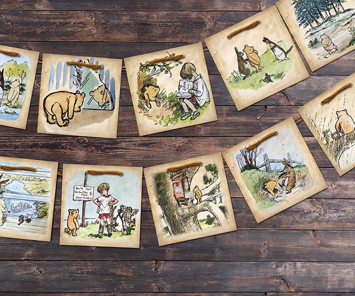 Set of 12! Download in Seconds! Digital Nursery Room Banner Garland /Classic Winnie The Pooh /Baby Shower Birthday/Bunting Flags/Instant - spikes.digitalshop