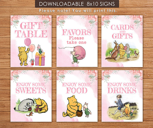 Classic Winnie The Pooh Table Signs Pink Floral Bundle Pack for Birthday or Baby Shower Party - spikes.digitalshop