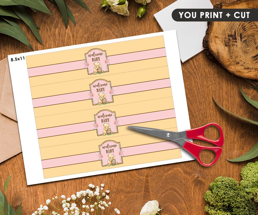 Printable Water Bottle Label Tag / Classic Winnie The Pooh Baby Shower Pink Floral Girl /Download in Seconds!/Instant Download