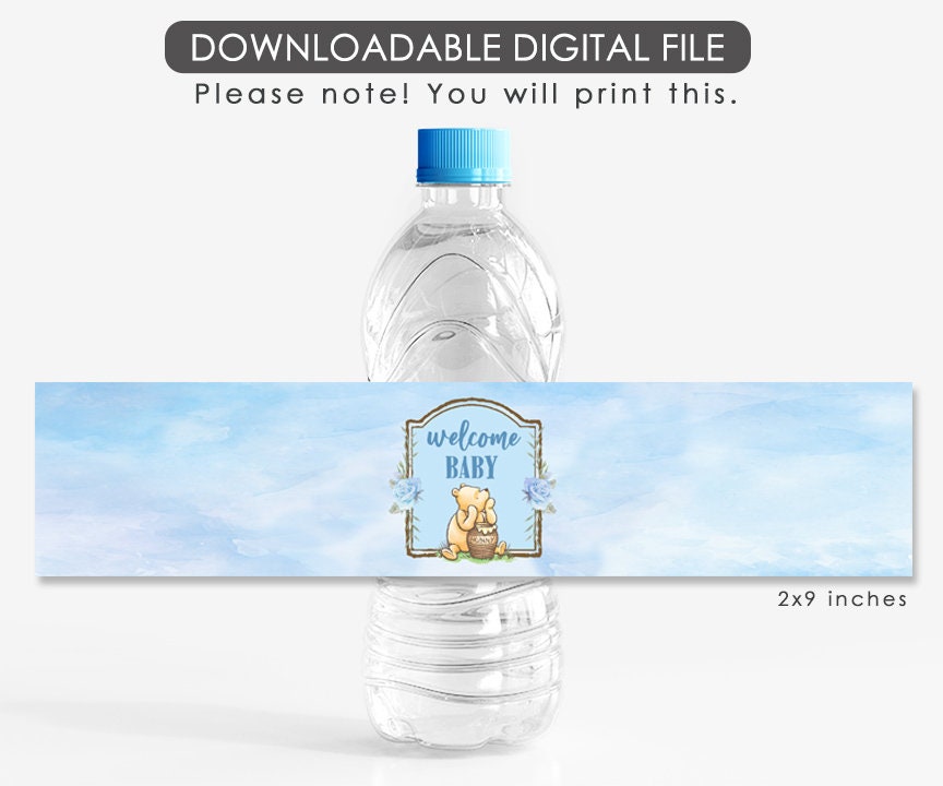 Printable Water Bottle Label Tag / Classic Winnie The Pooh Baby Shower Boy Blue /Download in Seconds!/Instant Download
