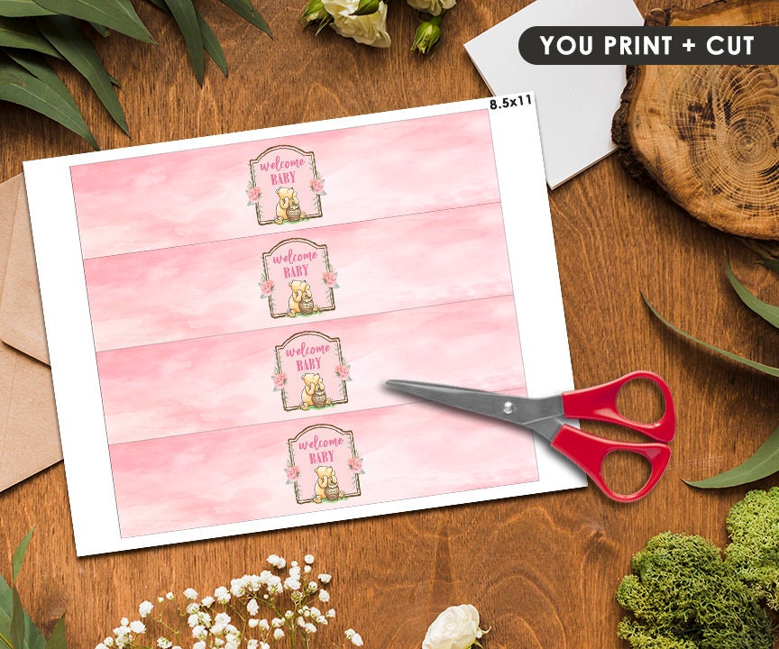 Printable Water Bottle Label Tag / Classic Winnie The Pooh Baby Shower Girl Pink /Download in Seconds!/Instant Download