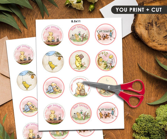 2" Cupcake Topper or Circle Tag Sticker / Cookie Food Favor Label / Classic Winnie The Pooh Baby Shower / Instant Download