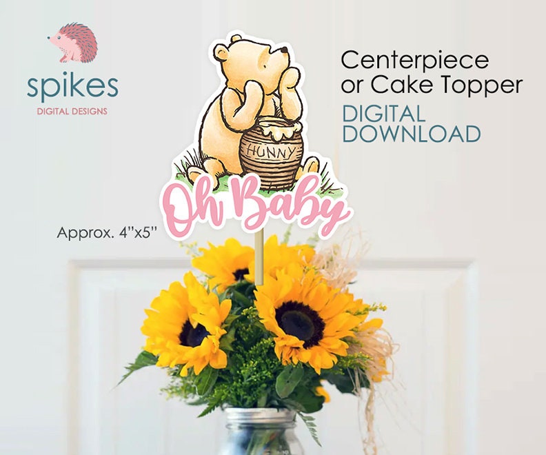 Classic Winnie The Pooh Cake Topper or Centerpiece Decoration / Pink for Girl Baby Shower / Instant Download / Oh Baby, Pooh Honey Hunny pot - spikes.digitalshop