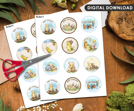 2" Cupcake Topper or Circle Tag Sticker / Cookie Food Favor Label / Classic Winnie The Pooh Baby Shower / Instant Download - spikes.digitalshop
