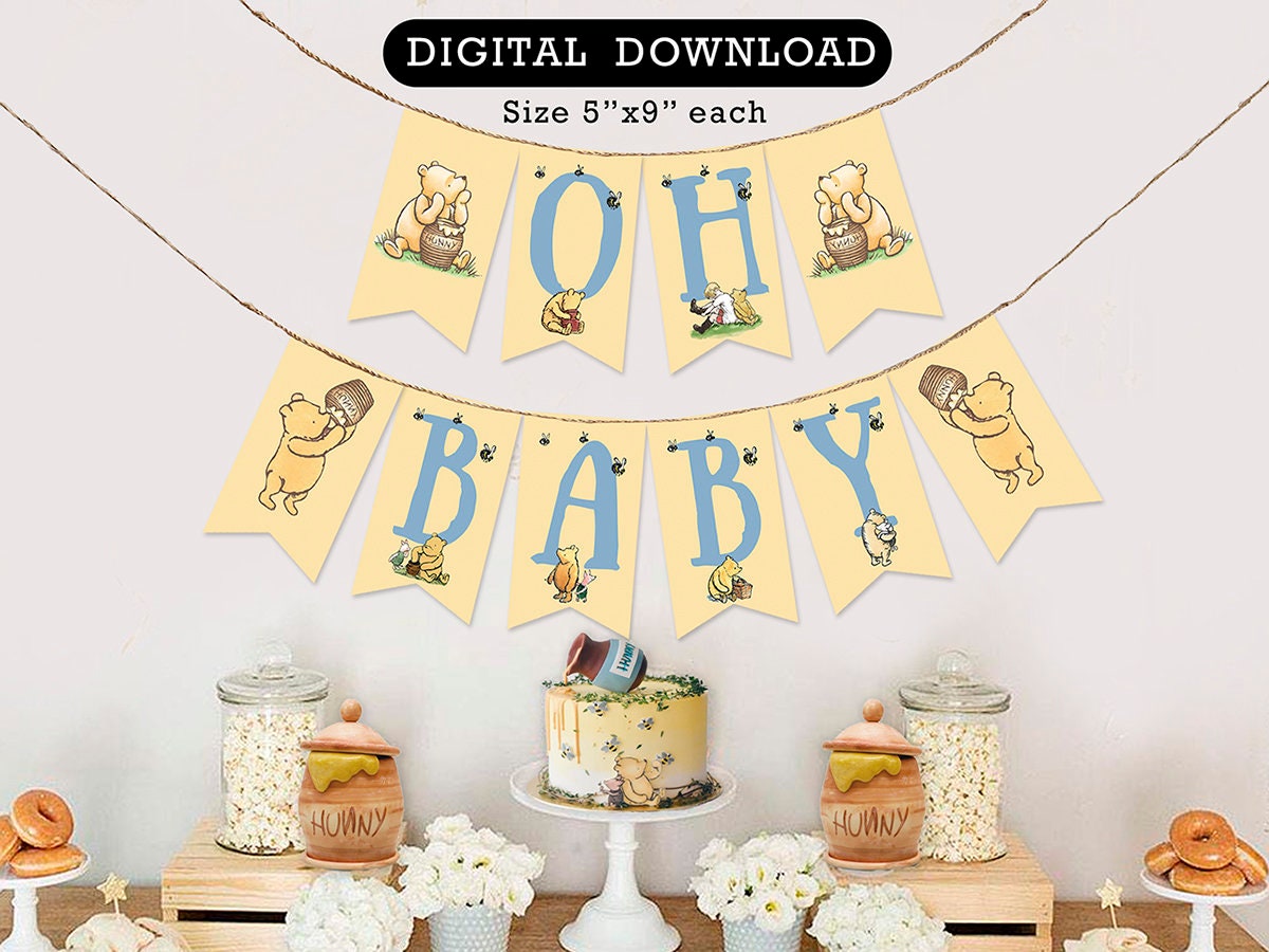 Downloadable Digital Banner Garland/ Classic Winnie The Pooh Baby Shower/Hanging Bunting Flags Decoration /Instant Download - spikes.digitalshop