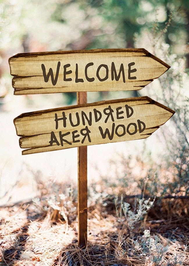 Four (4) Digital Direction Arrow Signs 10x3 inches - Classic Winnie The Pooh/ Welcome Hundred 100 Acre Wood - spikes.digitalshop