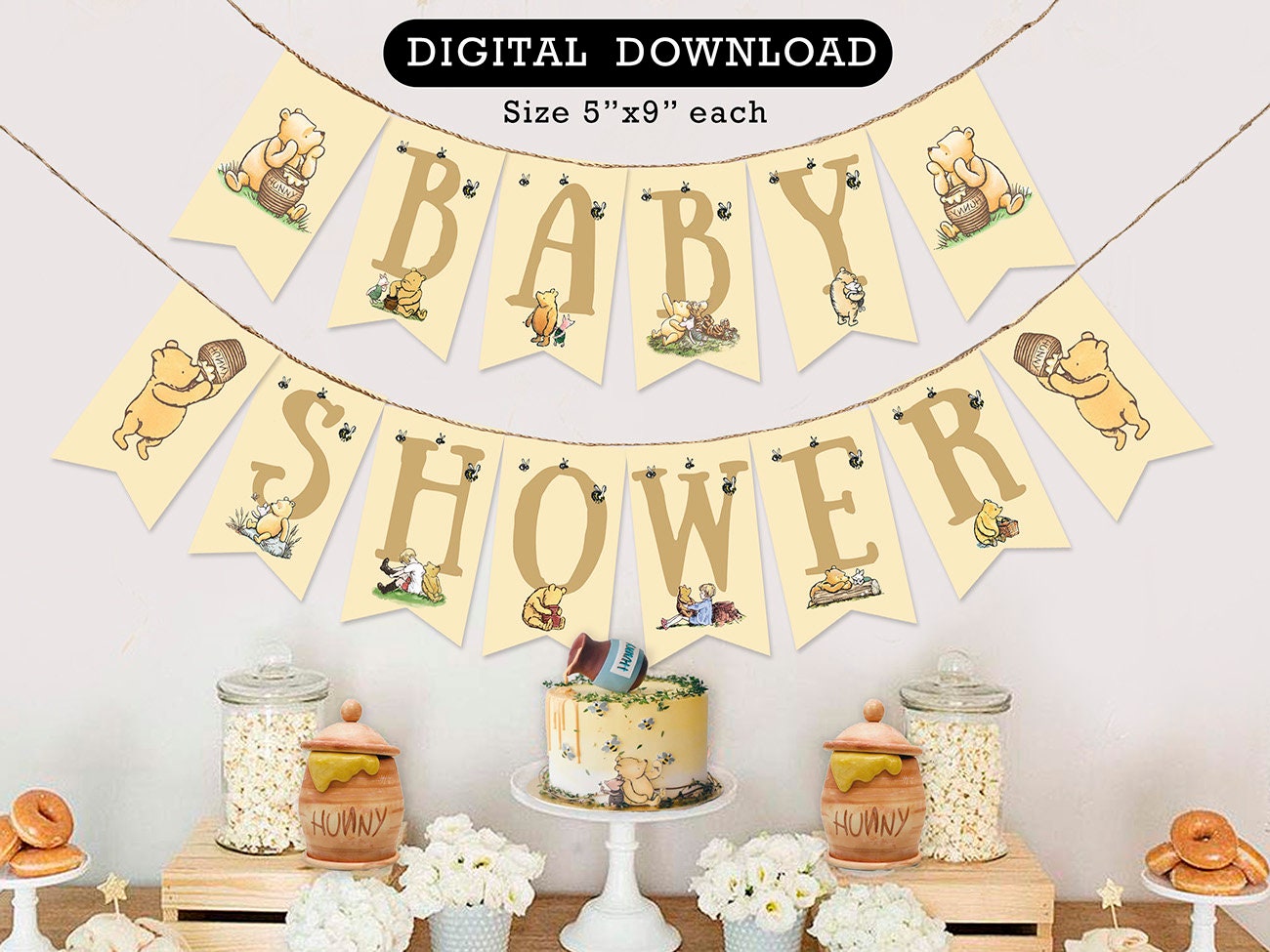 Downloadable Digital Banner Garland/ Classic Winnie The Pooh Baby Shower/Hanging Bunting Flags Decoration /Instant Download